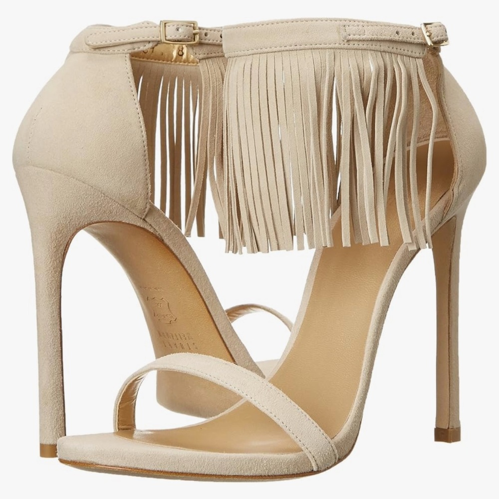 Stuart Weitzman Women's Lovefringe Stiletto Suede Sandal - Beige - Sz 8.5 - NIB